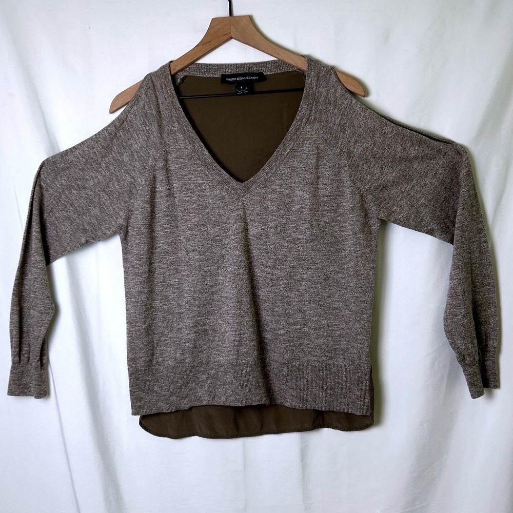 French Connection Womens Cold Shoulder Silk Back V-Neck Sweater Size S Brown